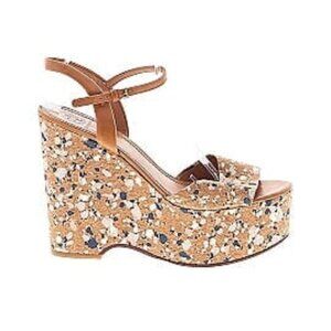 Tory Burch Solana Confetti cork wedges 8.5M sandals brown leather ankle strap